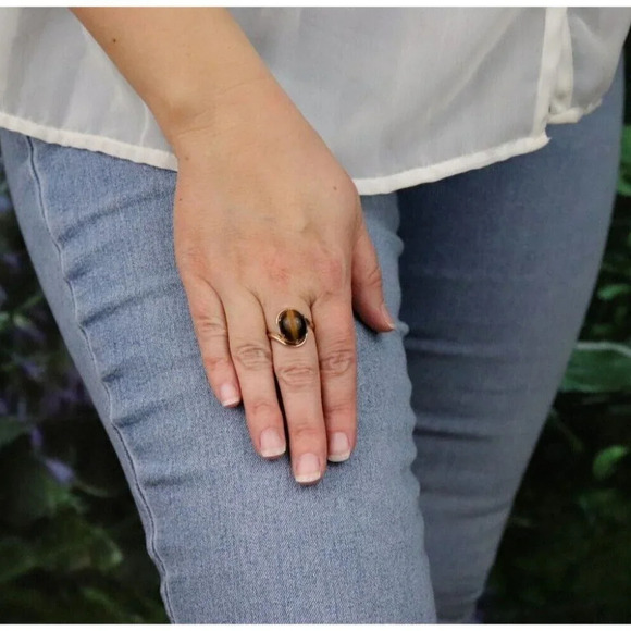 14k Yellow Gold Natural Tigers Eye Ring Size 7 1/2 - Picture 4 of 9